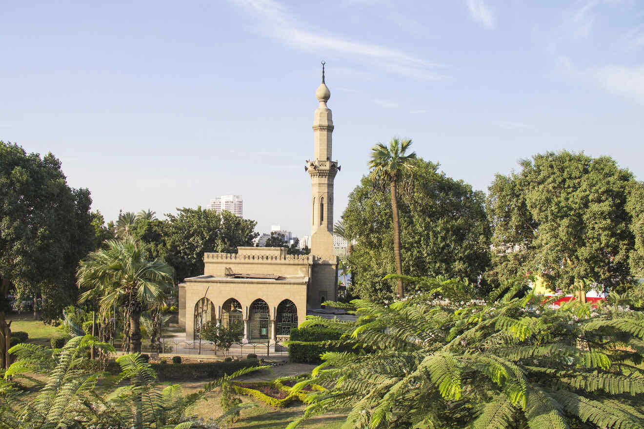Scenic view of a historical mosque surrounded by lush greenery in Zamalek area in Cairo